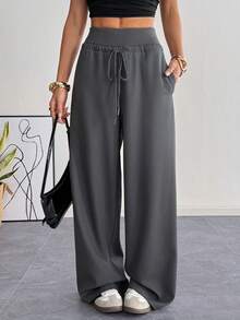 SHEIN EZwear 女士梭织阔腿休闲运动裤，黑色和灰色 - 深灰色 - 查看 5