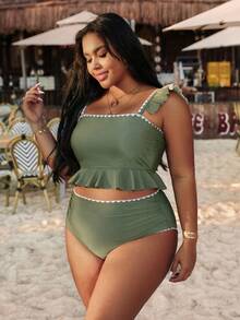 Swim Vcay 加大码两件套荷叶边方领吊带泳衣，复古军绿色显瘦度假泳装 - 軍綠色 - 查看 5