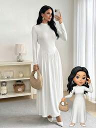 Firerie Women's White High Neck Long Sleeve Fitted A-Line Maxi Dress, Irregular Hem Patchwork, White Long Dress, Casual Elegant Maxi Dress, White Long Sleeve Dress, White Extra Long Dress, Spring Autumn Winter Clothing, Elegant, Commute, Date, Party, Wedding Season, Graduation, Prom, Performance, Concert, Work Attire, Back To School, Annual Party, Women's Birthday Outfit, Holiday Wear