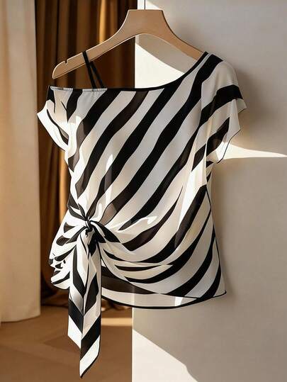 GlowEve CURVE 大码夏季时尚撞色条纹不对称领带衬衫