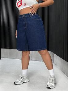 SHEIN ICON Quần short denim dáng suông màu trơn, cỡ lớn, có túi. - Rửa tối - Xem 6