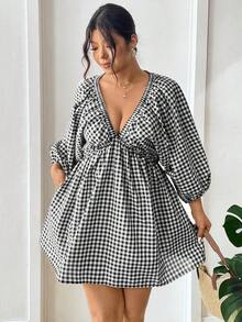 Lounesse 大码女式格子深V领灯笼袖性感时尚连衣裙 - 黑與白 - 查看 2