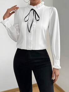 SHEIN PETITE 女士撞色系带长袖极简衬衫 - 白色 - 查看 3