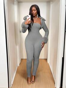 Slaydiva Women's Solid Color Ribbed Jumpsuit & Jacket 2 Pieces Set Grey Ribbed Jumpsuit Comfortable Jumpsuit - Grey - View 2