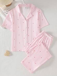 2pcs/Set Girls Heart Print Casual Soft Comfortable Cardigan And Pants Pajama Set - Pink - View 3