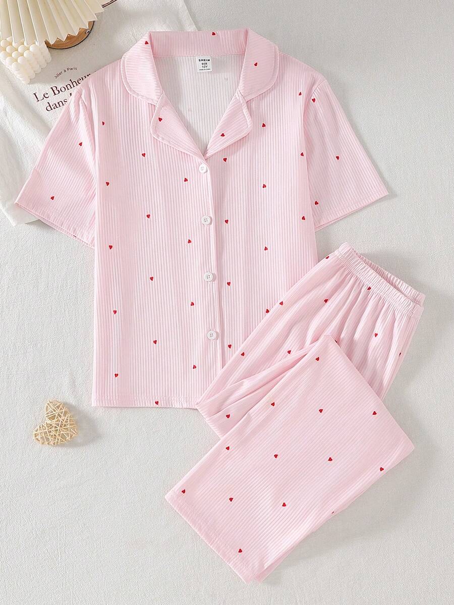 2pcs/Set Girls Heart Print Casual Soft Comfortable Cardigan And Pants Pajama Set - Pink - View 1