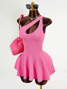 Mistrie 新款质感面料修身优雅度假连衣裙，单肩设计，带内衬裙 - 玫紅色 - 查看 4