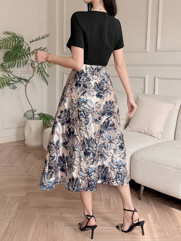 Women's Elegant Floral Colorblock V-Neck Long Dress, Summer Dress Sundress Boho