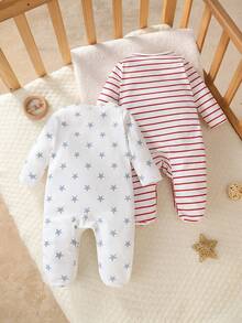 2件套新生儿长袖连脚连体睡衣套装，针织面料，可爱款式，饰有星星、条纹、数码印花和字母图案 - 彩色 - 查看 2