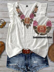 Linhara Plus Size Women Romantic Elegant Floral Embroidery Decor V-Neck Fitted Ruffle Sleeve Blouse - White - View 1