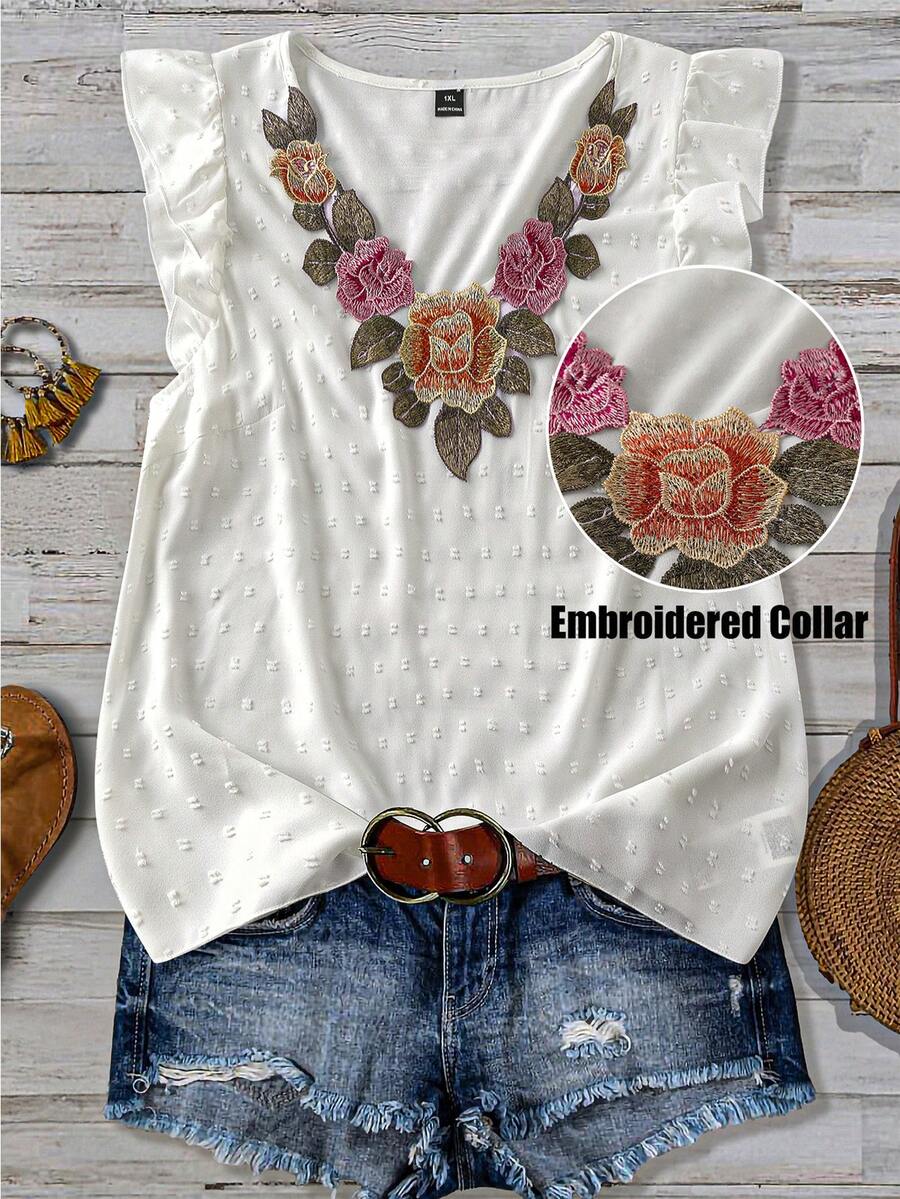 Linhara Plus Size Women Romantic Elegant Floral Embroidery Decor V-Neck Fitted Ruffle Sleeve Blouse - White - View 1