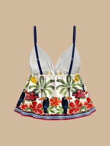 Travachic Casual Minimalist Woven Vacation Bohemian Tropical Plant & Bird Floral Print Pattern, A-Line Spaghetti Strap Tassel Hem Comfortable Women Tank Top, Suitable For Spring/Summer Carnival - Multicolor - View 2