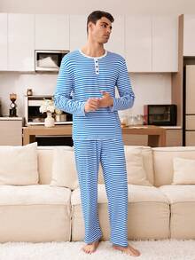 CoupledUp Set de pijamale pentru bărbați, cu mânecă lungă și pantaloni lungi, cu imprimeu contrastant și dungi, stil american casual