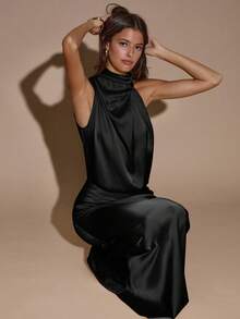 SHEIN BAE 优雅不对称无袖米黄色连衣裙，性感简约正式礼服，适合派对、鸡尾酒会、婚礼、生日等场合，缎面长裙 - 黑色 - 查看 6