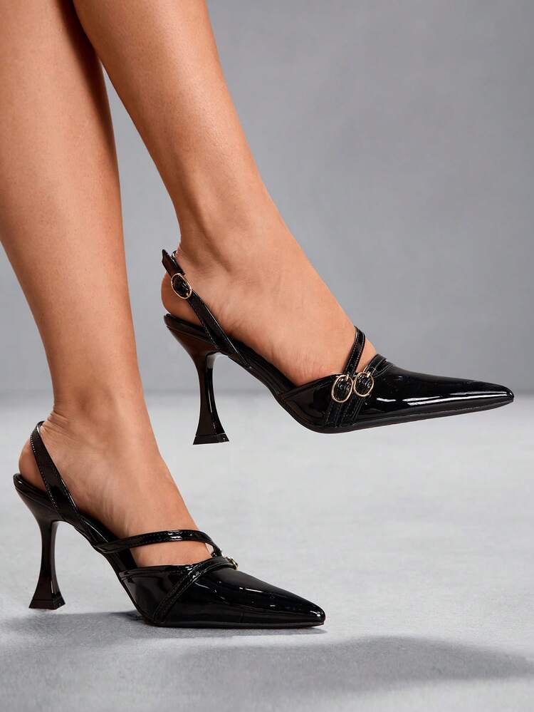 CUCCOO SZL Women's High Heels Pointed 9CM Elegant Wine Glass Heel Women's Burgundy Heels Brown Slingback With Mirror PU Leather Easy-To-Wear Buckle Black High Heels For Daily/Party/Dating/Office Women's Shoes Valentine's Day