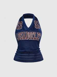 ROMWE J-Fashion Y2K性感露背数字印花运动吊带背心（女款） - 藏蓝色 - 查看 1