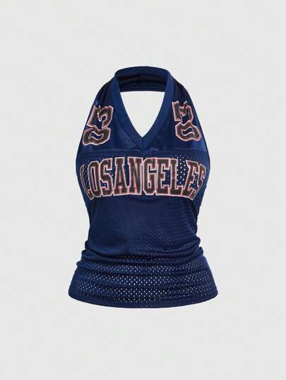 J-Fashion Top deportivo con estampado numérico y espalda descubierta sexy para mujer, estilo Y2K