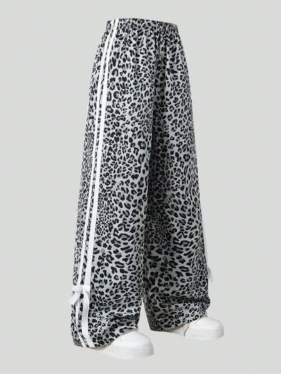 SHEIN Explorewe Youth Casual All-Match Versatile Streetwear Leopard Print White Trim Bow 3D Wide Leg Loose Pants,Holiday,Summer,Travel