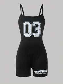 SHEIN 少女字母印花运动休闲吊带黑色可调节连体衣 2025 返校季儿童大学服装和校园运动服 - 黑色 - 查看 1