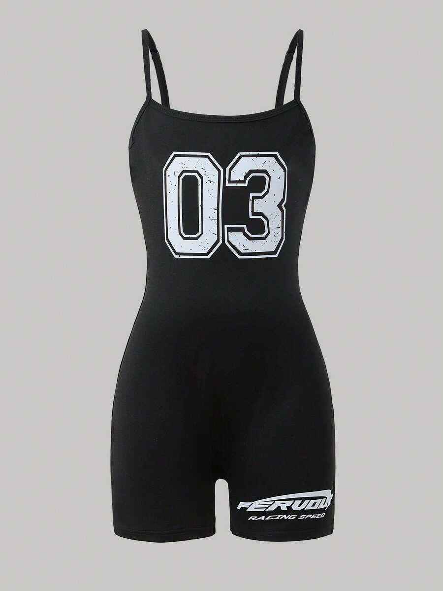 SHEIN 少女字母印花运动休闲吊带黑色可调节连体衣 2025 返校季儿童大学服装和校园运动服 - 黑色 - 查看 1