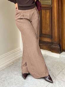 NegzBox Vintage Classic Elegant Women's Pants, Fitted Contrast Trim Pants, Button Closure Trousers, Brown Pants, Autumn/Winter Autumn Clothes Winter Clothes For Women  Brown Pants Business Casual Woman New Year Women's Clothes Brown Pants - Brown - View 4