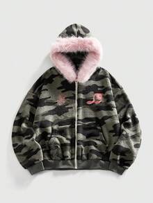 ROMWE MEN Street Life Men's Camouflage Print Fleece Hooded Sweatshirt, Autumn/Winter - Army Green - View 1