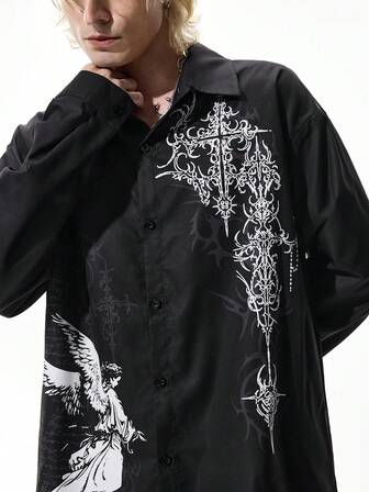 Men's Dark Angel Print Single-Breasted Casual Street Fashion Shirt