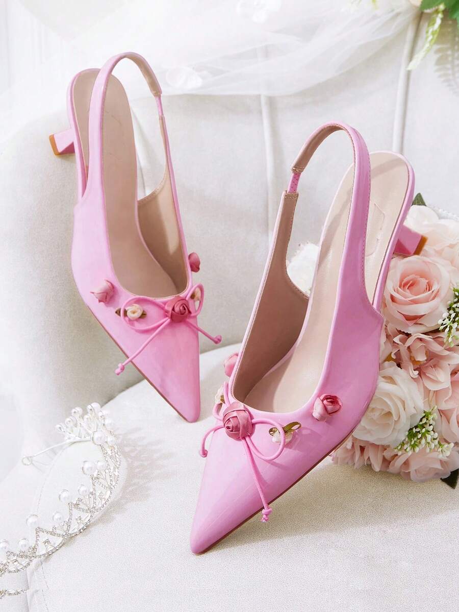 CUCCOO HITCHD 女士时尚优雅派对3D花朵蝴蝶结装饰尖头高跟鞋 - 粉色 - 查看 1