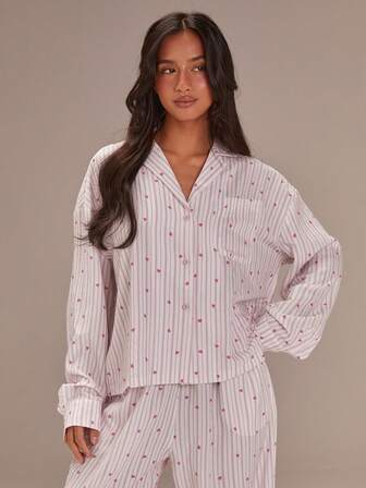 Athîral Women's Casual Heart-Patterned Top And Pants Pajama Set,Casual Loungewear Set Suitable For Both Home And Outings, Slim Fit, Fold-Over Waistband, CComfortable Soft Woven Fabric,Love Print Set,New Year Outfit,Christmas Pajamas,Christmas Outfit For Women,Valentine's Day Outfit