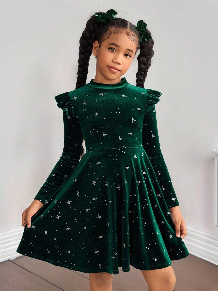 SHEIN SLAYR Tween Girl 女童圣诞绿色亮片天鹅绒圆领盖袖A字裙,公主裙 - 綠色 - 查看 1