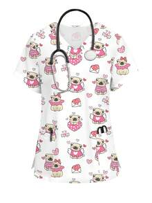 PopScrub 可爱哈巴狗卡通爱心信封印花V领短袖口袋护士服上衣和短裤套装，时尚女式护士制服，春夏款 - 彩色 - 查看 3