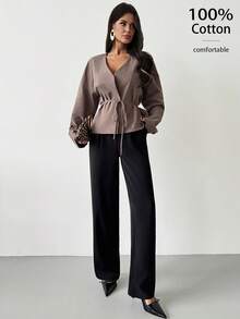 Firerie 女士优雅休闲通勤宽松外套，咖啡色/棕色长袖V领收腰设计，棉质宽松西装外套，新款秋冬女装外套，简约/优雅/办公/教师/通勤/百搭/日常穿着 - 咖啡棕 - 查看 8