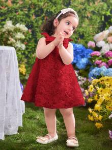 SHEIN 女宝宝可爱优雅红色碎花网纱夏季连衣裙 - 紅色 - 查看 10