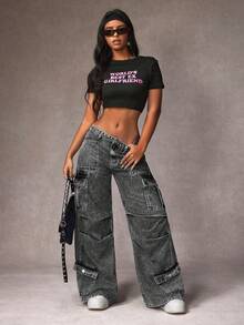 Jeanoix Quần jean denim dáng rộng, thoải mái, kiểu cargo, cỡ lớn, có túi. - Màu xám đen - Xem 2