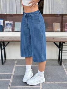 Rivivi 女士低腰时尚条纹水洗直筒牛仔裤 - 深色水洗藍 - 查看 7