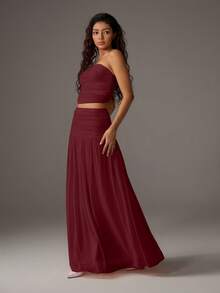 SHEIN PETITE Bộ 2 món áo bandeau lưới trơn màu và chân váy maxi cho nữ - Màu Đỏ Sâu - Xem 3