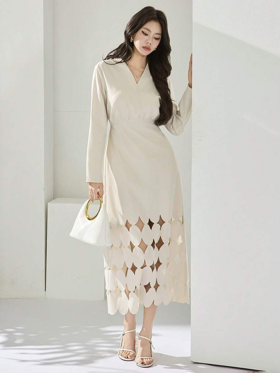 Heiryn Váy suông cổ chữ V khoét sâu màu trơn thanh lịch dành cho nữ, mùa xuân/thu - Màu be - Xem 1