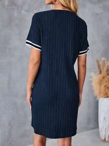 EMERY ROSE Fashionable Casual New Blue Ribbed V-Neck Splice Contrast Color Knit Dress - Multicolor - View 2