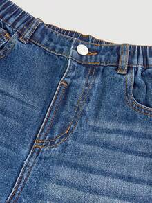 少女都市风深色字母印花阔腿牛仔裤，时尚设计，适合上学、休闲、户外活动等场合。 - 藍色 - 查看 3