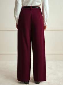 Écloséra 高腰宽松直筒裤，配腰带，卡其色，休闲商务两相宜，春秋季款 - 酒紅色 - 查看 2