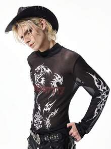 ROMWE MEN 男士立领龙纹印花时尚百搭通勤长袖T恤 - 黑色 - 查看 1