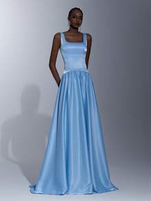 Elitara Elegant Light Blue Stretch Satin Evening Gown, Handmade Bow ...