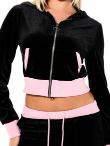 SUMWON WOMEN Women's Cropped Velour Zip Up Hoodie With Pink Contrast Trim And Ribbed Cuffs Fall Winter Soft Plush For Valentine - Black - View 4