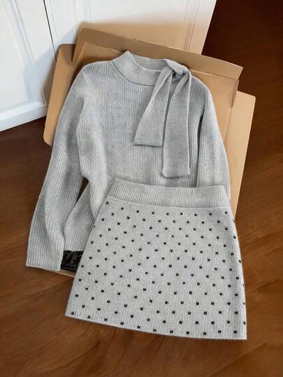 Franclia French Style Plus Size Knit Crew Neck Bow Tie Solid Color Long Sleeve Casual Elegant Commuter Fashion Suit, Versatile Daily Women Sweater Pullover Polka Dot Sweet Cute Women Sweater Pullover And Regular Waist Skirt, Suitable For Autumn/Winter Bow Clothes Skirt 2 Piece Set Grey Two Piece Set Knit Sets Sweater Set