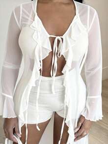 Alexandranx Women's Fall/All-Season Rave Outfit Renaissance Fair Hippie Music Festival Gyaru Mesh Straps Ruffle Ribbon Long Coat /Cover Up - White - View 5