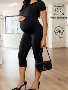 MaterniWear Black Crew Neck Short-Sleeved Slim-Fit Casual Jumpsuit, Suitable For Pregnant Women, Perfect For Daily Commuting And Casual Wear In Summer. - Black - View 1