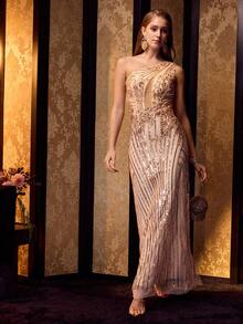 MOTF PREMIUM VESTIDO DE CÓCTEL DE MALLA CON CONTRASTE DE LENTEJUELAS - Dorado - Ver 5