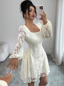 Modelyn Robe mini élégante et romantique pour femmes, avec encolure carrée, manches lanternes, taille cintrée et coupe évasée en dentelle - Nude - Voir 5