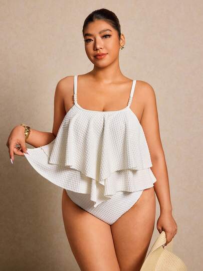 Elaquor Plus Size Women Solid Color Ruffle Trim Tankini Top And Tankini Bottom Swimsuit Set
