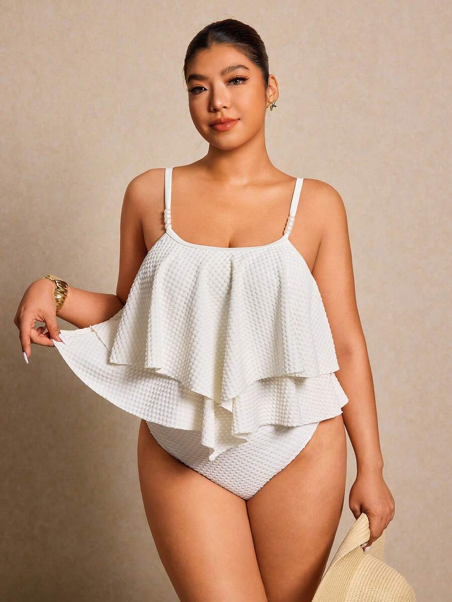 Elaquor Plus Size Women Solid Color Ruffle Trim Tankini Top And Tankini Bottom Swimsuit Set - Beige - View 1